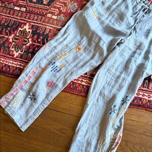 Johnny Was Embroidered Blue Linen Pants
